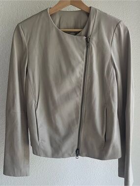 Vince Asymmetric Zip Leather Jacket - Light Gray